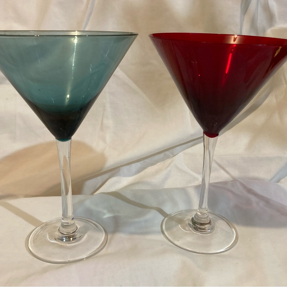 Hand Blown Red and Blue Martini Glasses set of 2